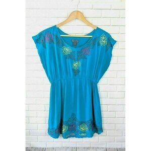 Neelrah Teal Tunic multicolor embroidered Women's Medium Boho hippie peasant art